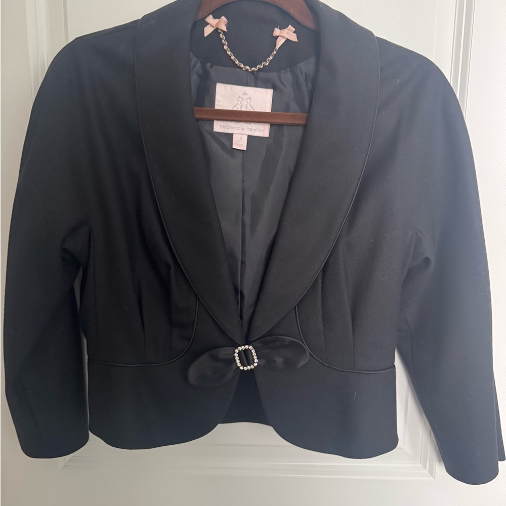 Rebecca Taylor Black Cropped Shawl Collar Blazer with Rhinestone Bow
